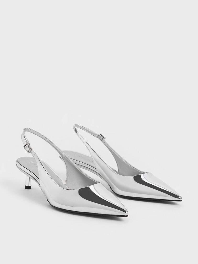 Women’s metallic pointed-toe kitten-heel slingback pumps in silver - CHARLES & KEITH