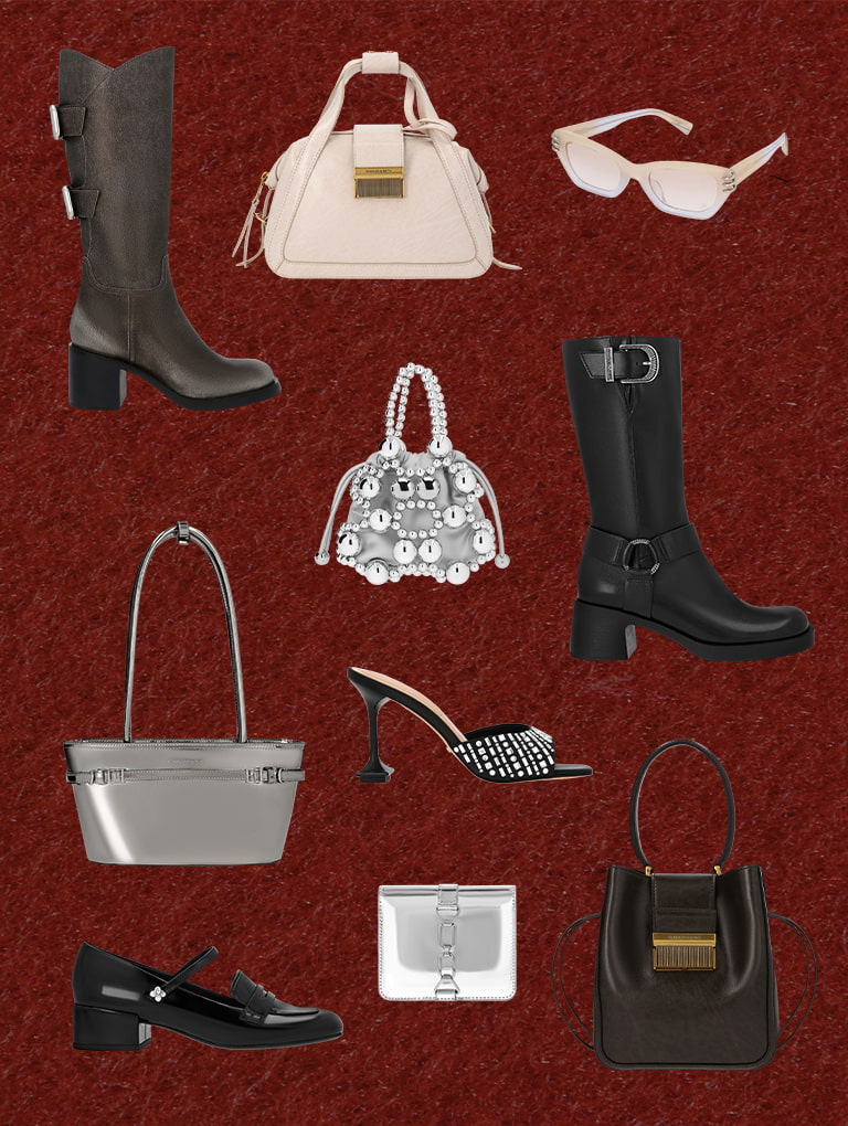 Women’s Masei metallic-effect grommet-strap knee-high boots in silver, Charlot bowling bag in oat, recycled acetate metallic-accent angular cat-eye sunglasses in white, Sloane metallic elongated-handle shoulder bag in pewter, Jacqueline recycled polyester gem-embellished sculptural-heel mules in black textured, metallic beaded top handle bag in silver, Kirke buckled mid-calf biker boots in black, patent flower pearl-embellished Mary Jane loafers in black patent, Charlot elongated bucket bag in black - CHARLES & KEITH