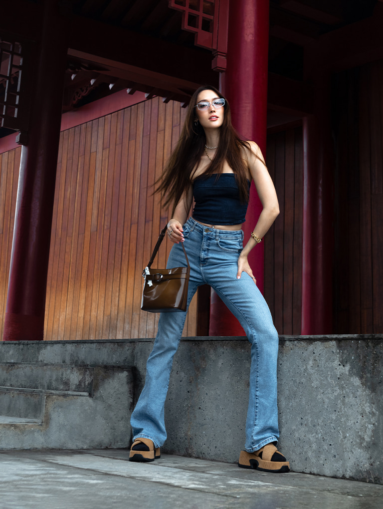 Caria Leather & Corduroy Platform Sandals in camel and Gabine Leather Belted Bucket Bag in brown – CHARLES & KEITH