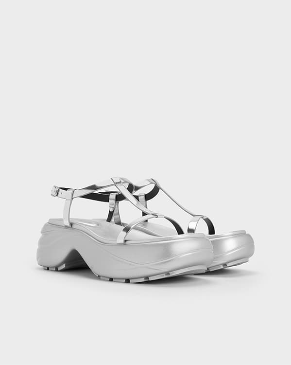 Women's Silver Metallic T-Bar Curved Platform Sports Sandals - CHARLES & KEITH