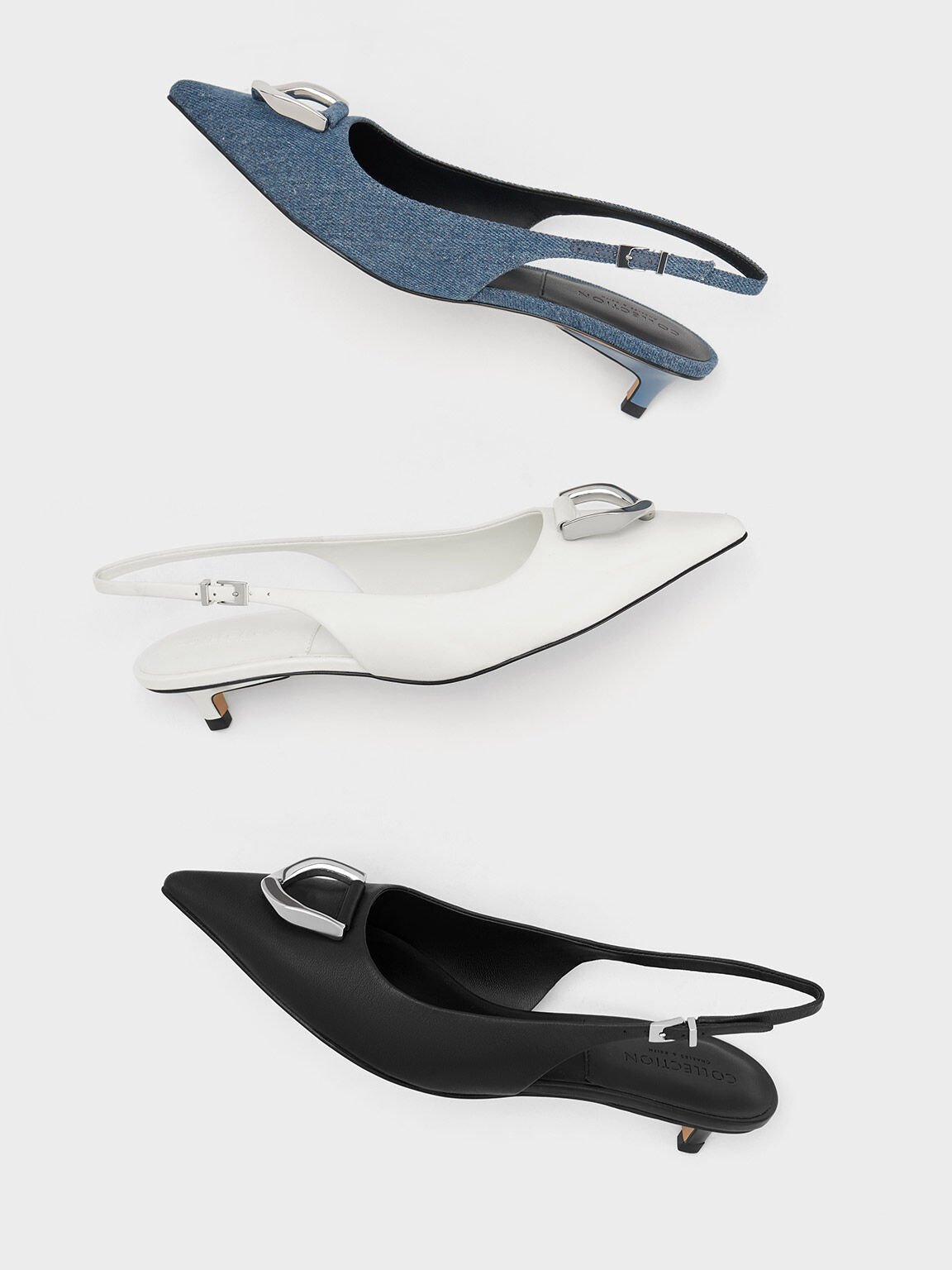 Women’s black and white Gabine leather slingback pumps, and blue Gabine denim slingback pumps - CHARLES & KEITH