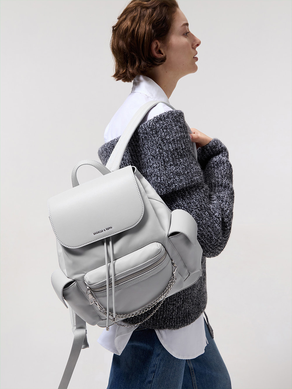 Light Grey Nylon Puffy Chain-Link Backpack - CHARLES & KEITH