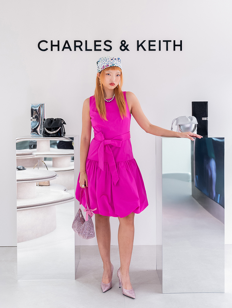 Crystal-Embellished Two-Way Bag and Glittered Cone-Heel Pointed-Toe Pumps, both in pink – CHARLES & KEITH