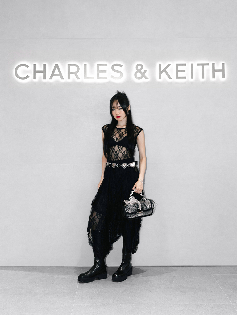 Charlot Denim Patchwork Hobo Bag in black - CHARLES & KEITH