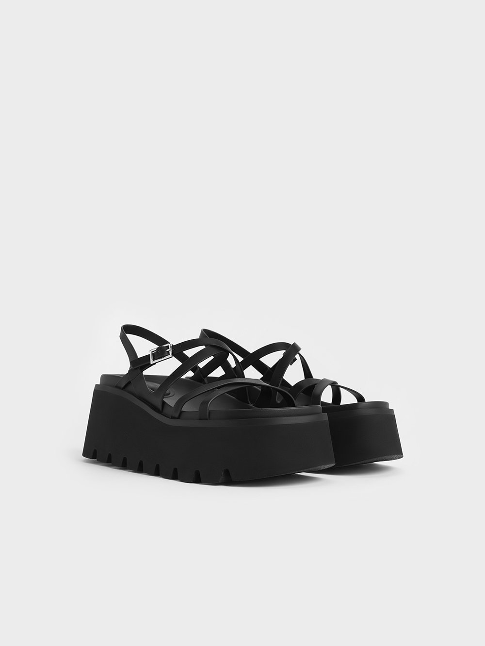 Women's black strappy crossover flatform sandals - CHARLES & KEITH