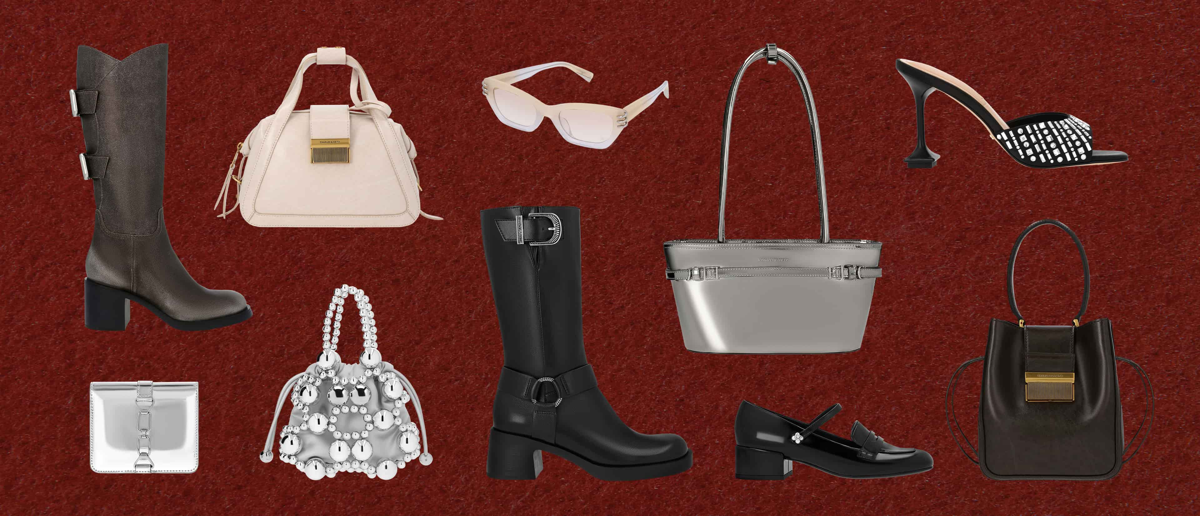 Women’s Masei metallic-effect grommet-strap knee-high boots in silver, Charlot bowling bag in oat, recycled acetate metallic-accent angular cat-eye sunglasses in white, Sloane metallic elongated-handle shoulder bag in pewter, Jacqueline recycled polyester gem-embellished sculptural-heel mules in black textured, metallic beaded top handle bag in silver, Kirke buckled mid-calf biker boots in black, patent flower pearl-embellished Mary Jane loafers in black patent, Charlot elongated bucket bag in black - CHARLES & KEITH