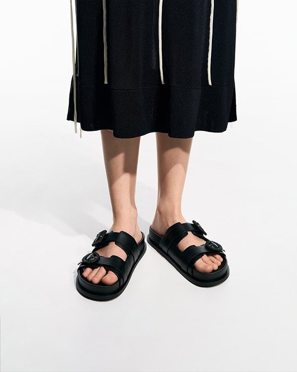 Woven-Buckle Double-Strap Sandals - CHARLES & KEITH