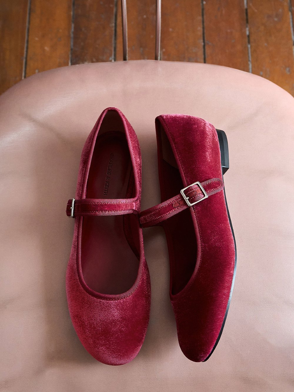 Women's Pink Velvet Buckled Mary Jane Flats - CHARLES & KEITH