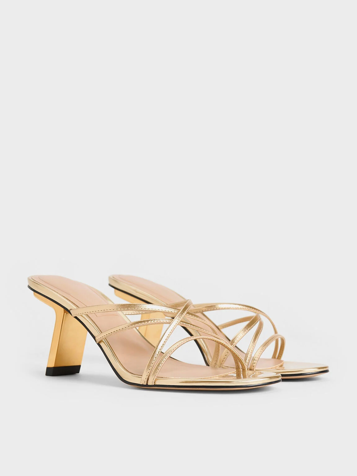 Women’s Orly leather metallic strappy slant-heel mules in gold - CHARLES & KEITH