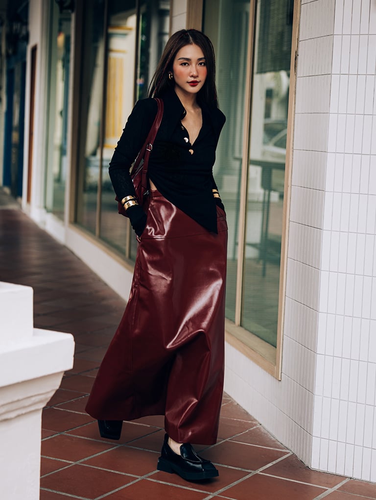 Rachel Elongated Multi-Pocket Shoulder Bag in burgundy and Lorde Geometric Square-Toe Loafers in black - CHARLES & KEITH