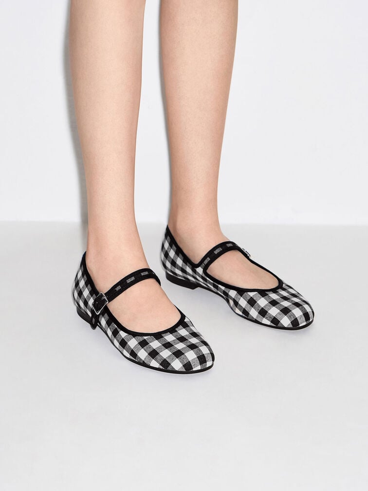 Checkered Buckled Mary Jane Flats in Black Textured - CHARLES & KEITH