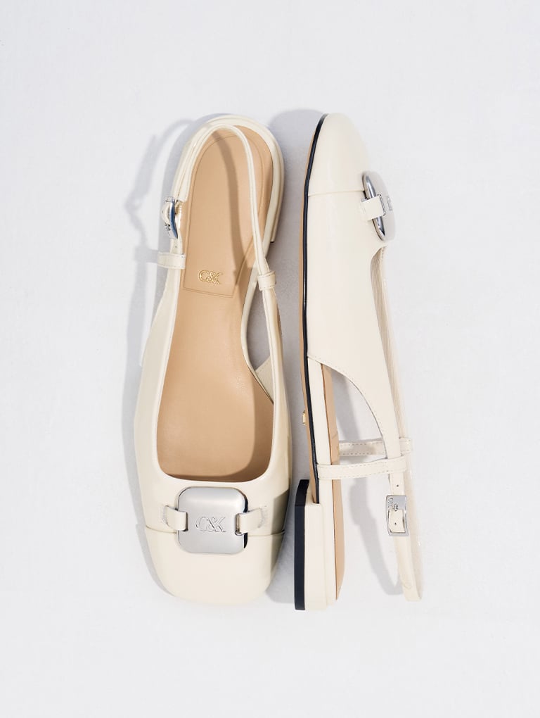 Women’s patent leather metallic-accent slingback flats in white – CHARLES & KEITH