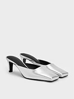 Silver Metallic Square-Toe Blade-Heel Mules - CHARLES & KEITH