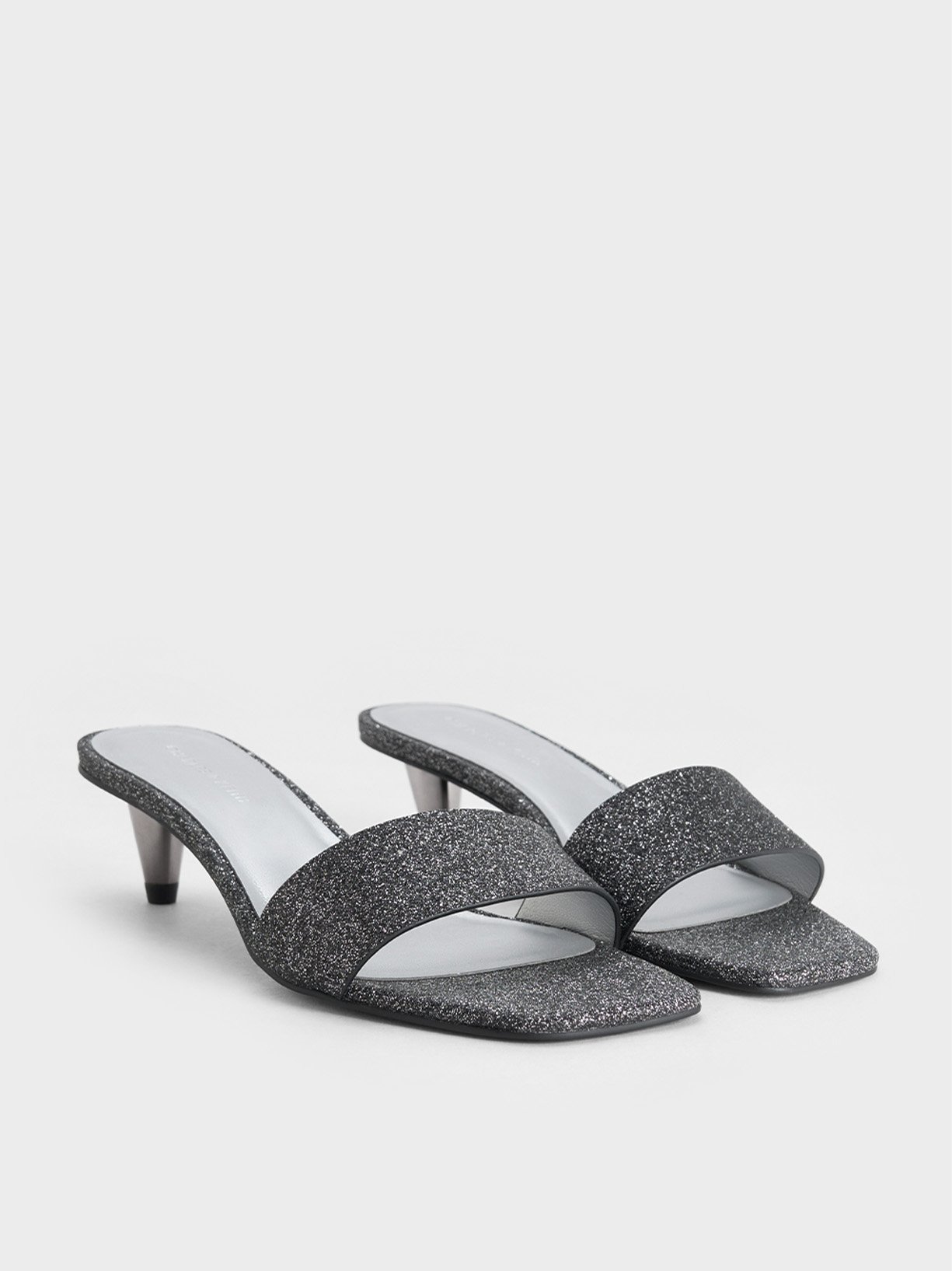 Women’s Black-Textured Glittered Cone-Heel Mules - CHARLES & KEITH