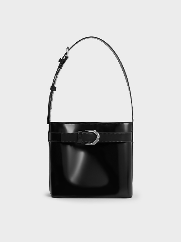 Women's Noir Gabine Leather Belted Bucket Bag - CHARLES & KEITH