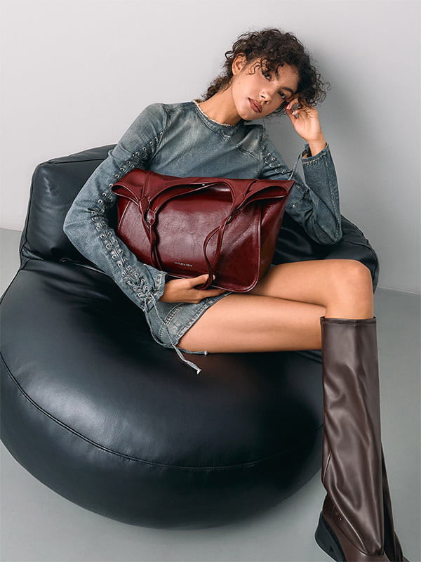 Burgundy Sianna Crinkle-Effect Slouchy Tote Bag - CHARLES & KEITH