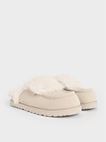 Women's Beige Textured Fur-Trim Flatform Mules - CHARLES & KEITH