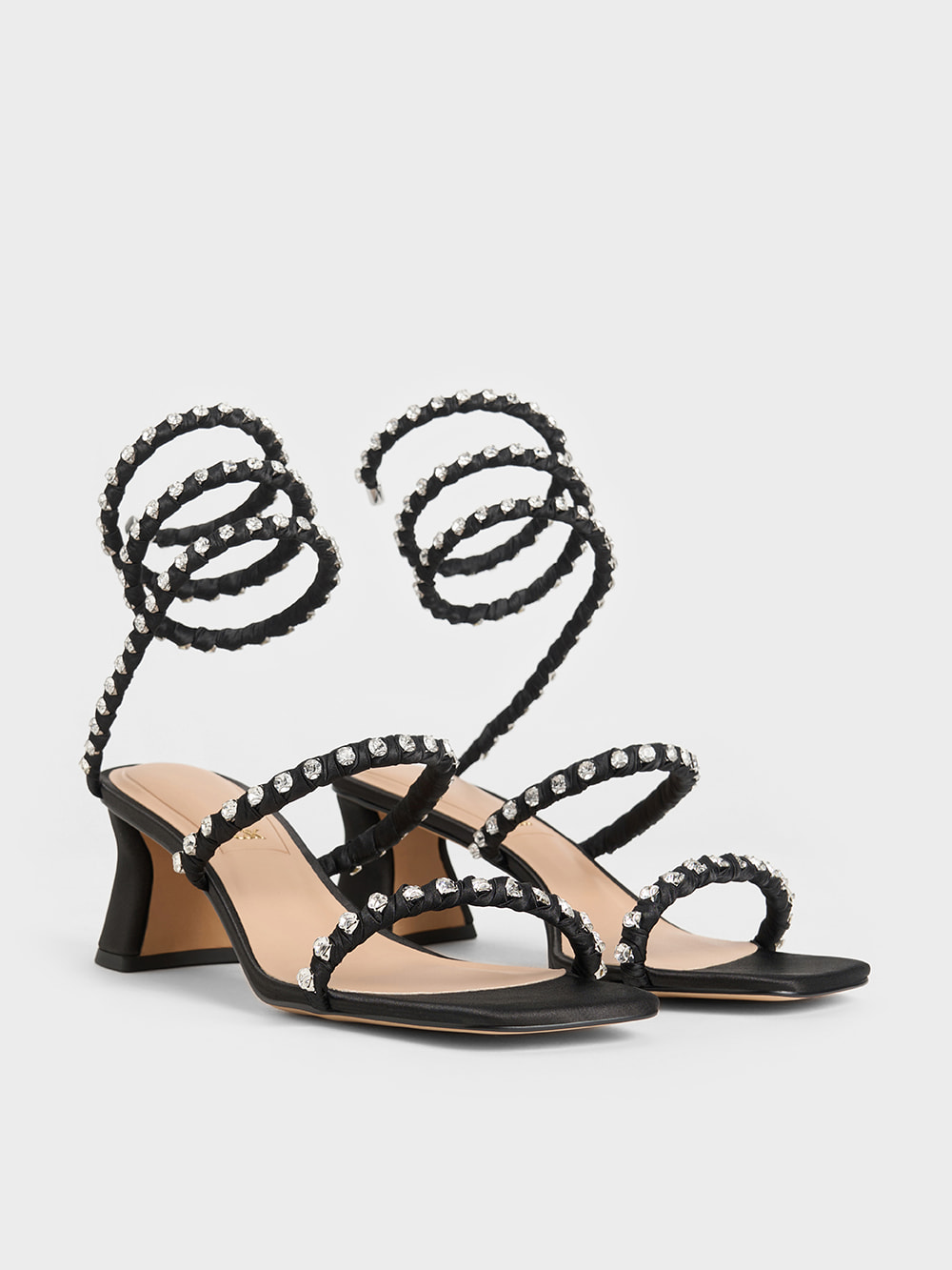 Women's Black Textured Goldie Recycled Polyester Gem-Encrusted Spiral Sandals - CHARLES & KEITH