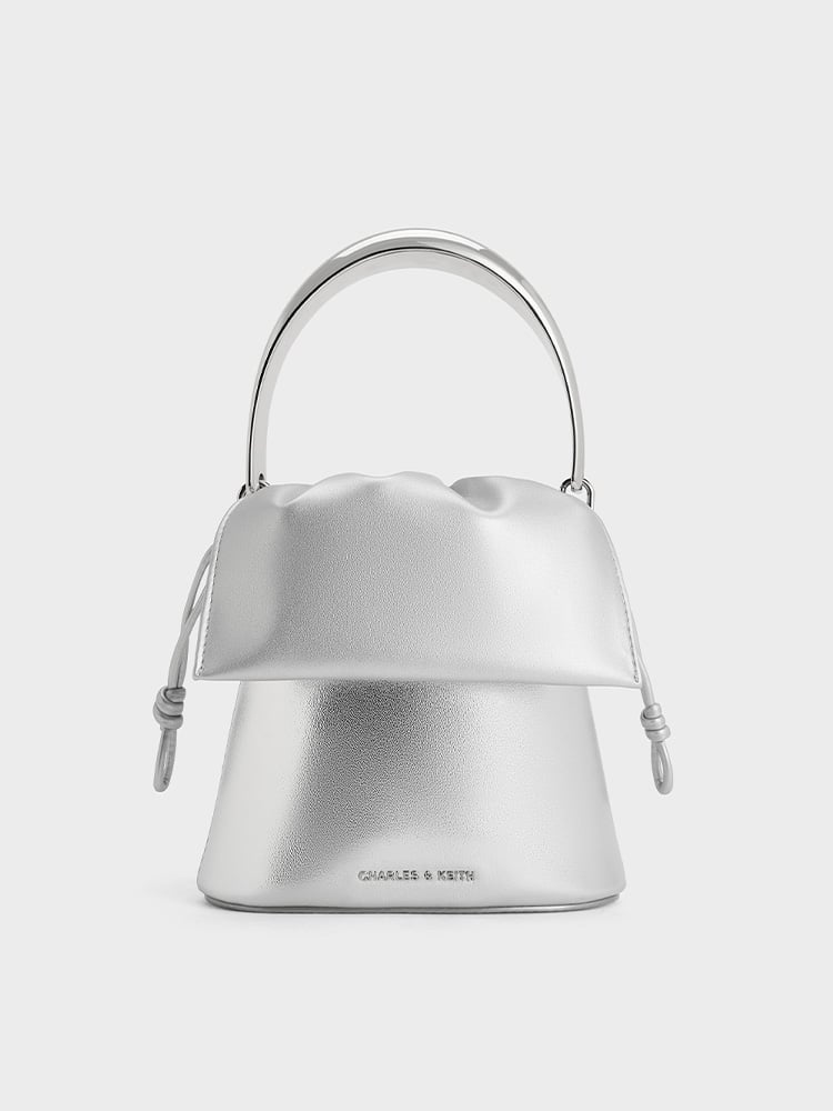 Women's Silver Metallic Ruched-Flap Drawstring Bucket Bag - CHARLES & KEITH