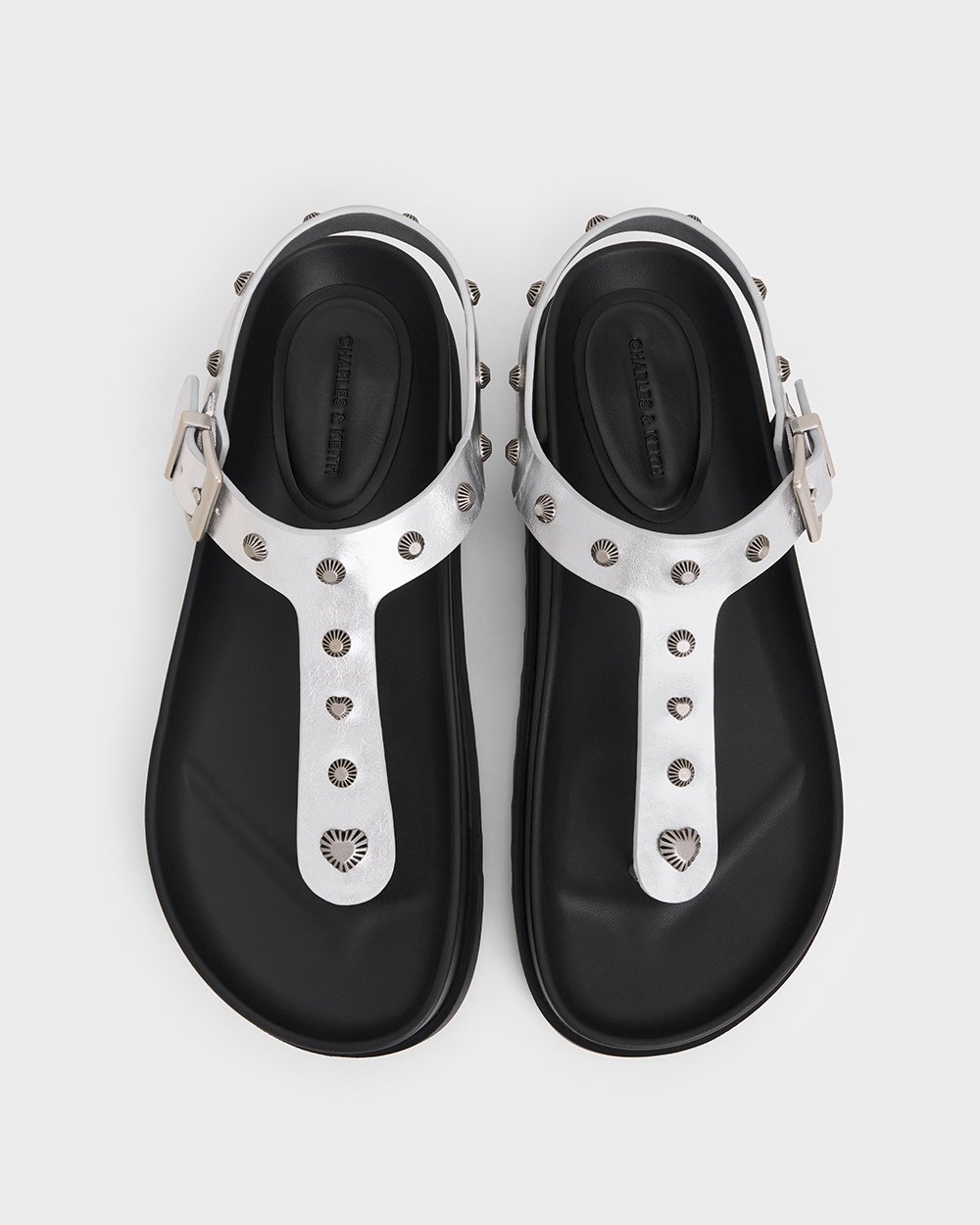 Women’s Studded Heart-Embellished Thong Sandals in black and silver - CHARLES & KEITH