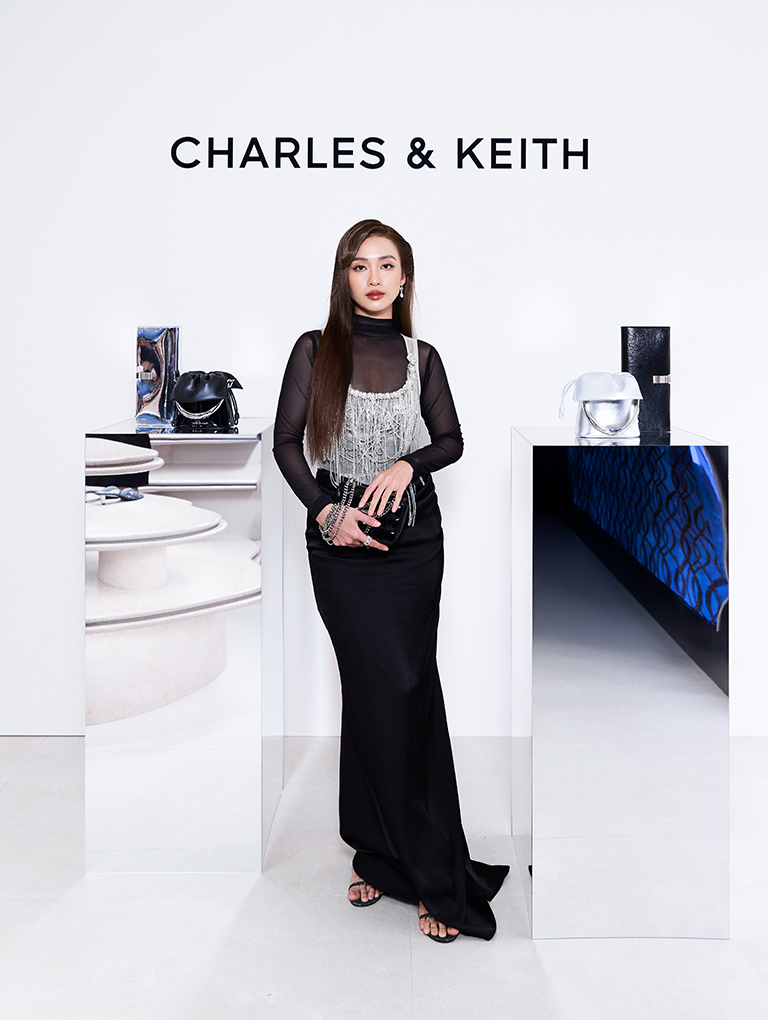 Patent Square-Quilted Chain-Handle Bag and Glittered T-bar Ankle-Strap Sandals, both in black - CHARLES & KEITH