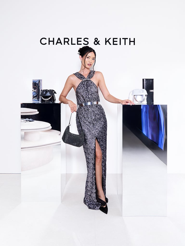 Crystal-Embellished Two-Way Bag and Glittered Cone-Heel Pointed-Toe Pumps, both in black - CHARLES & KEITH