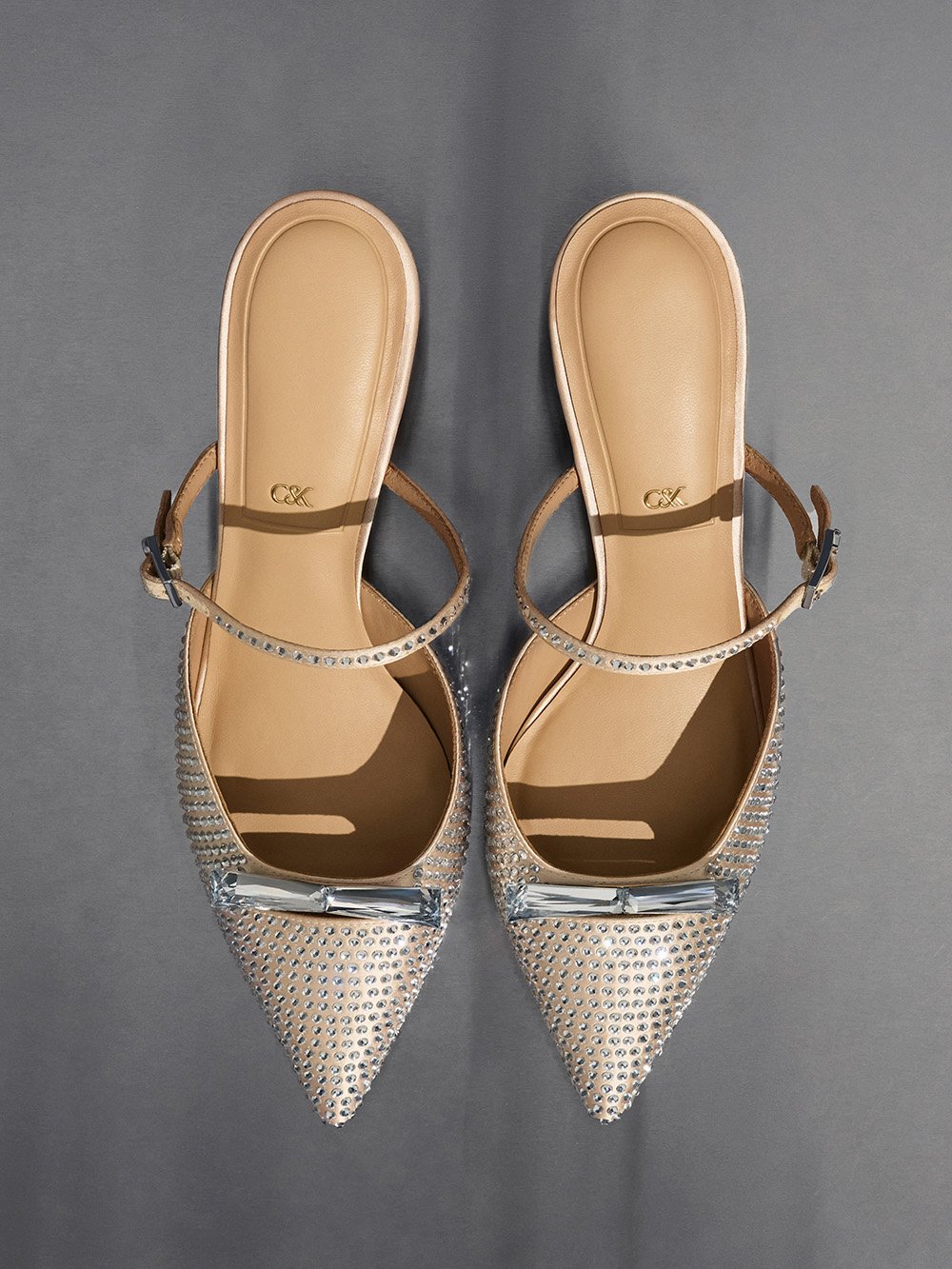 Women's Sand Recycled Polyester Crystal-Embellished Bow Kitten-Heel Mules - CHARLES & KEITH