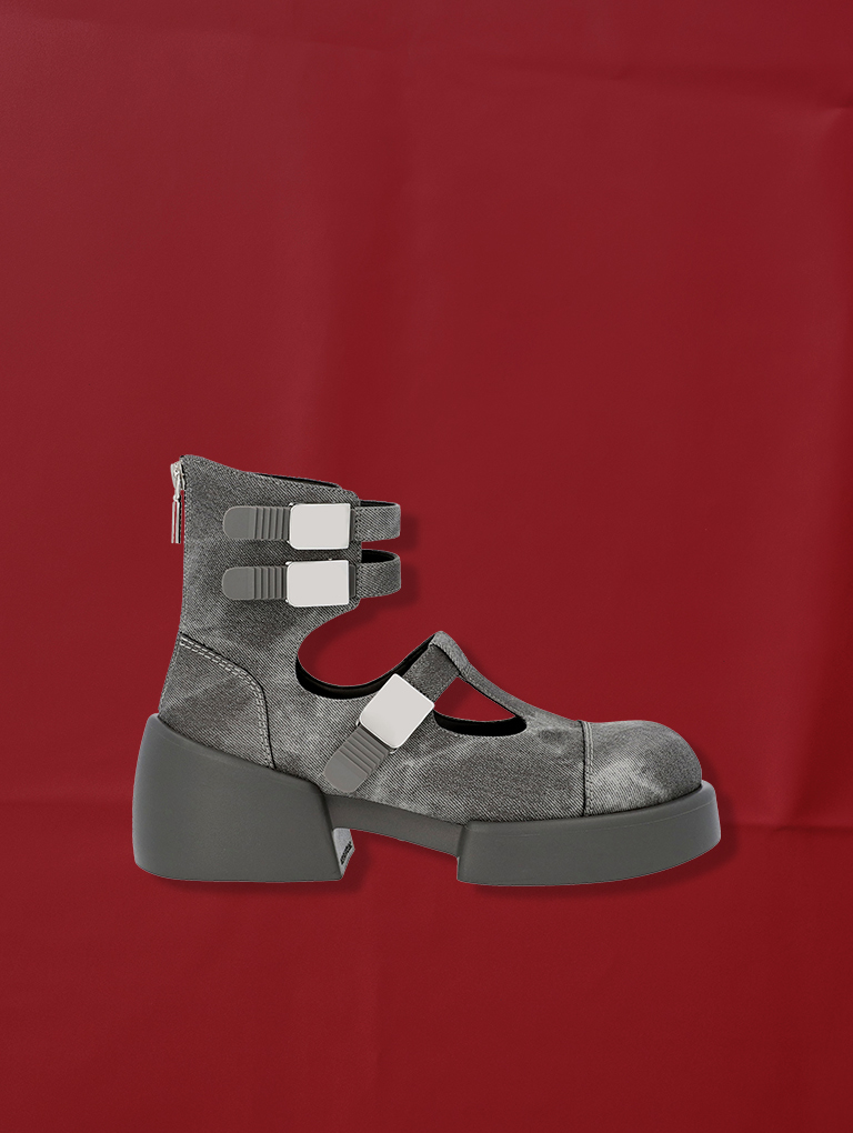 Women’s Robbie Denim Ankle-Strap Chunky Mary Janes in dark grey