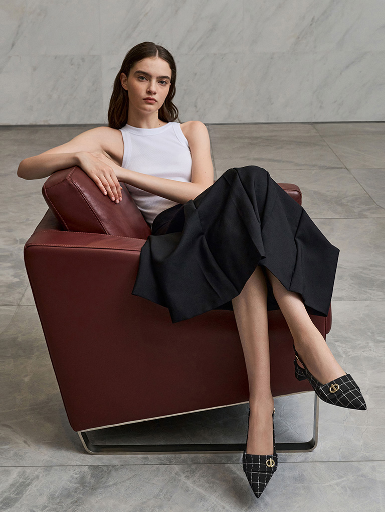 黑色金屬釦尖頭裸跟鞋 – CHARLES & KEITH