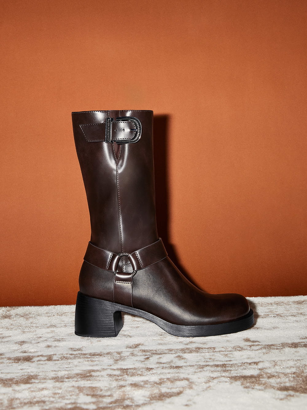 Women's Dark Brown Kirke Buckled Mid-Calf Biker Boots - CHARLES & KEITH