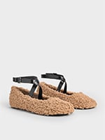 Women's Camel Margot Furry Crossover-Strap Ballet Flats - CHARLES & KEITH