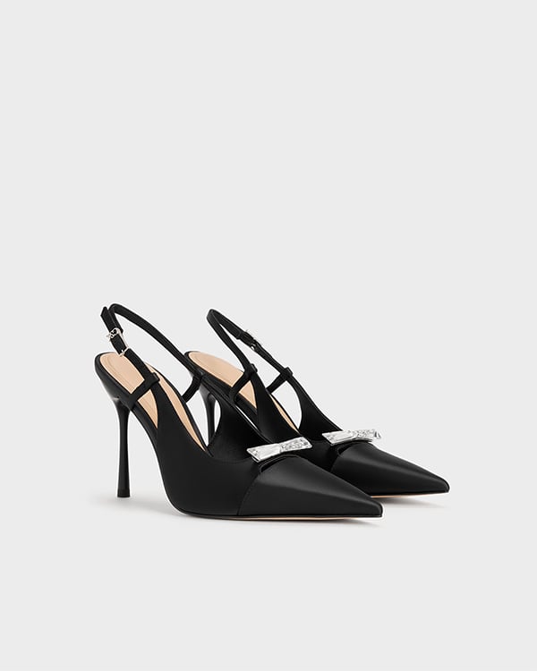 Women's Black Textured Recycled Polyester Bow Slingback Pumps - CHARLES & KEITH