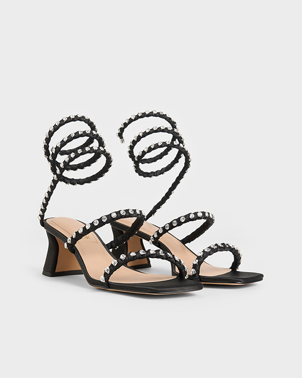 Women's Black Textured Goldie Recycled Polyester Gem-Encrusted Spiral Sandals - CHARLES & KEITH