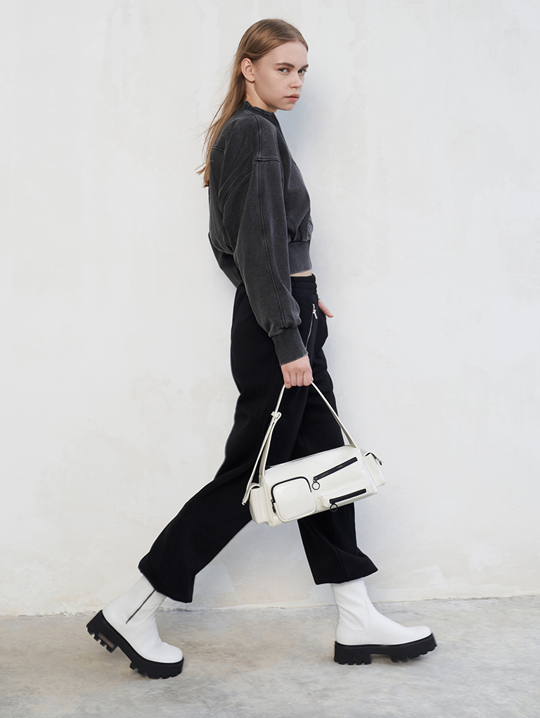 Women’s Mathilda multi-pocket shoulder bag in white — CHARLES & KEITH