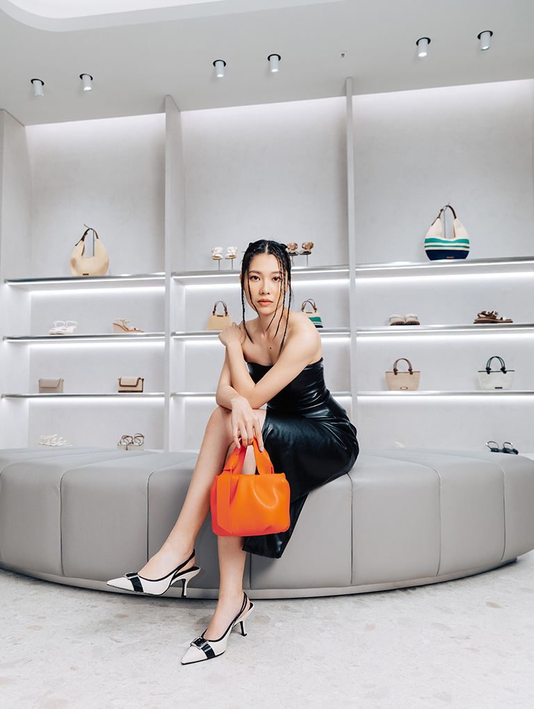 Women’s Toni knotted ruched bag and linen buckled pointed-toe slingback pumps, as seen on Alisia Liang – CHARLES & KEITH