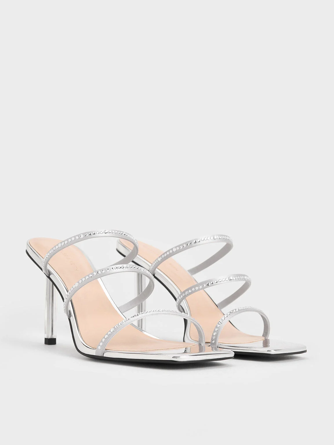 Women’s recycled polyester crystal-embellished strappy mules in silver - CHARLES & KEITH