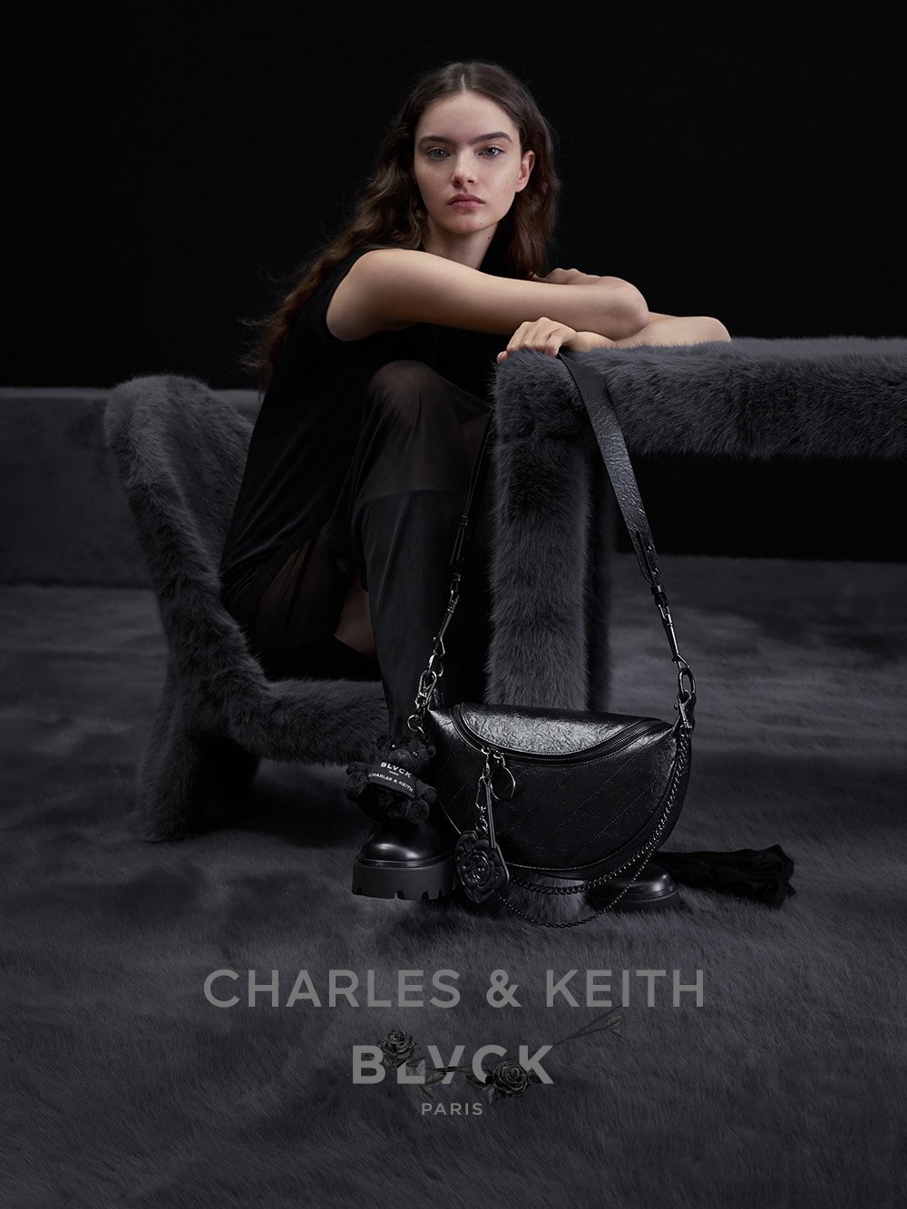 Women's Noir Rose-Motif Trapeze Shoulder Bag and Black Imogen Rose-Motif Chunky Knee-High Boots - CHARLES & KEITH x BLVCK KR