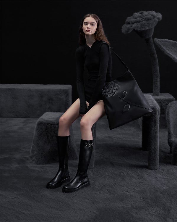 Women's Noir Rose-Motif Trapeze Shoulder Bag and Black Imogen Rose-Motif Chunky Knee-High Boots - CHARLES & KEITH x BLVCK