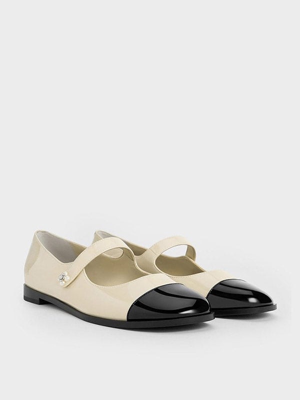 Chalk Patent Pearl-Embellished Flower-Buckle Cap-Toe Mary Janes - CHARLES & KEITH