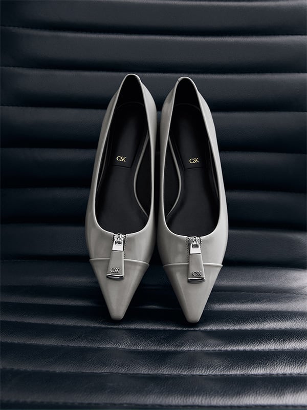 Women's Grey Nina Leather Pointed Cap-Toe Flats - CHARLES & KEITH