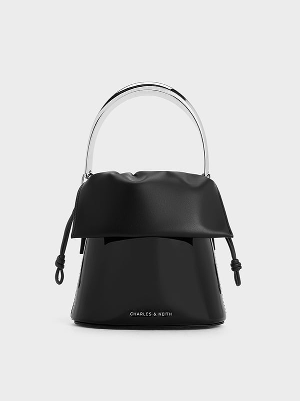 Women's Noir Patent Ruched-Flap Drawstring Bucket Bag - CHARLES & KEITH