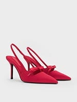 Red Satin Bow Pointed-Toe Slingback Pumps - CHARLES & KEITH