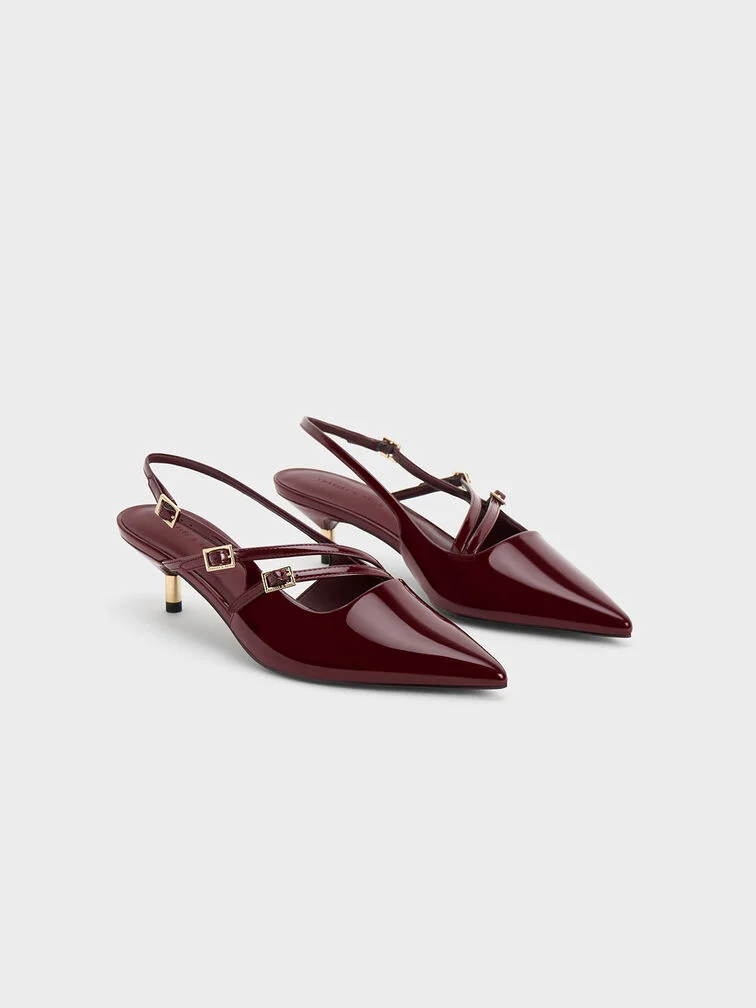 Women’s patent buckle-strap kitten heel slingback pumps in maroon - CHARLES & KEITH