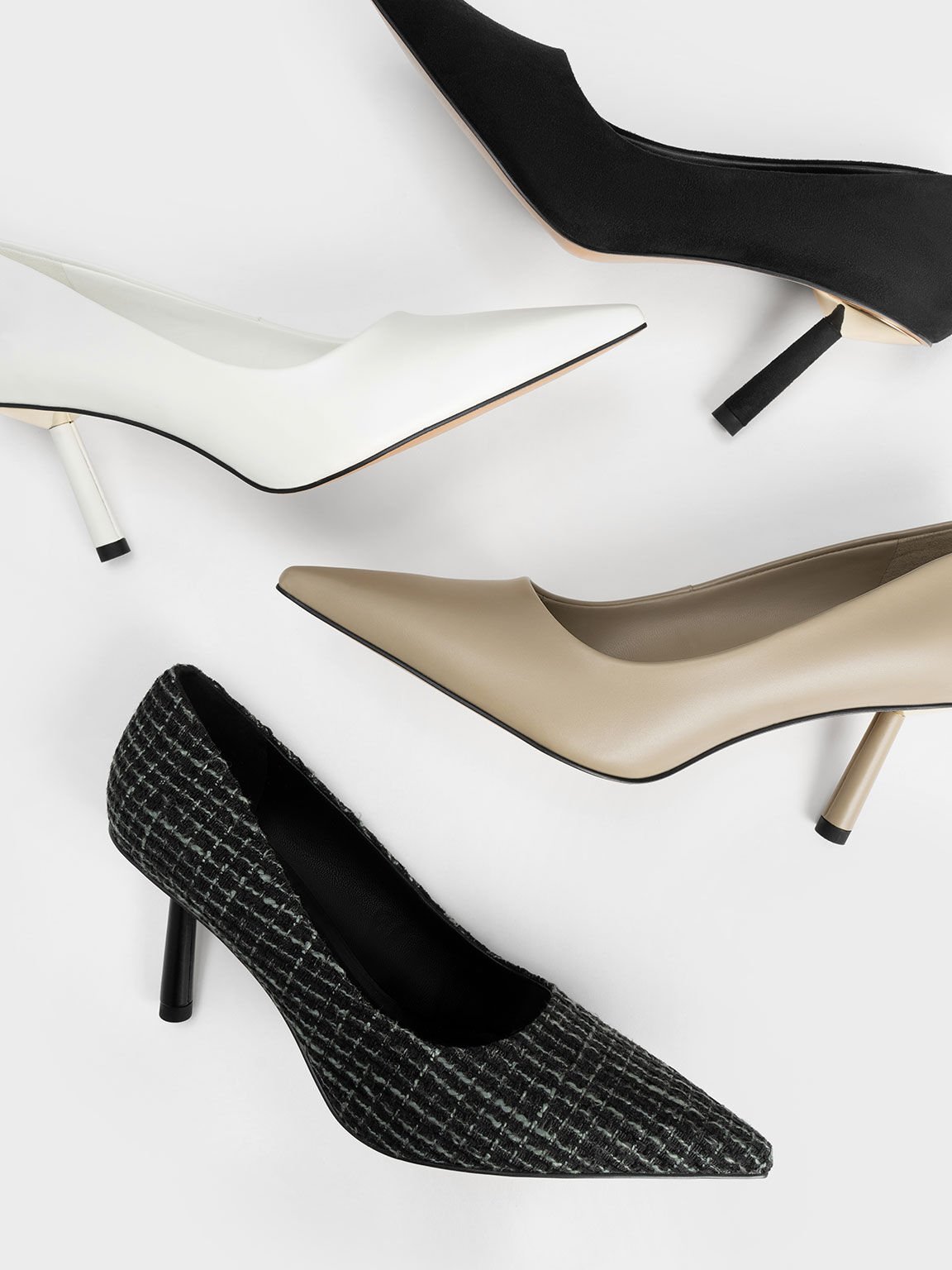 Women’s chalk, sand, black and black textured pointed-toe cylindrical heel pumps - CHARLES & KEITH