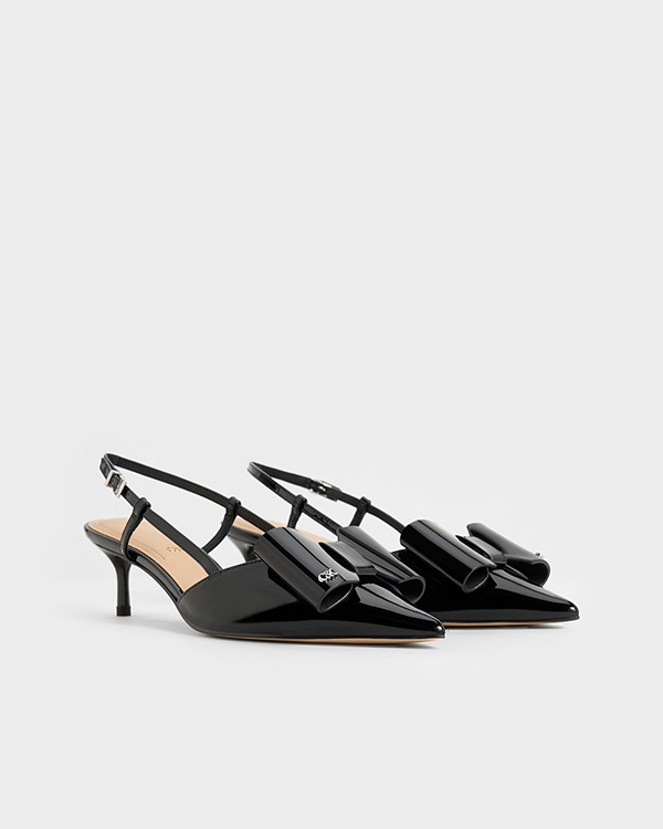 Women's Black Lu Patent Leather Bow Slingback Pumps - CHARLES & KEITH