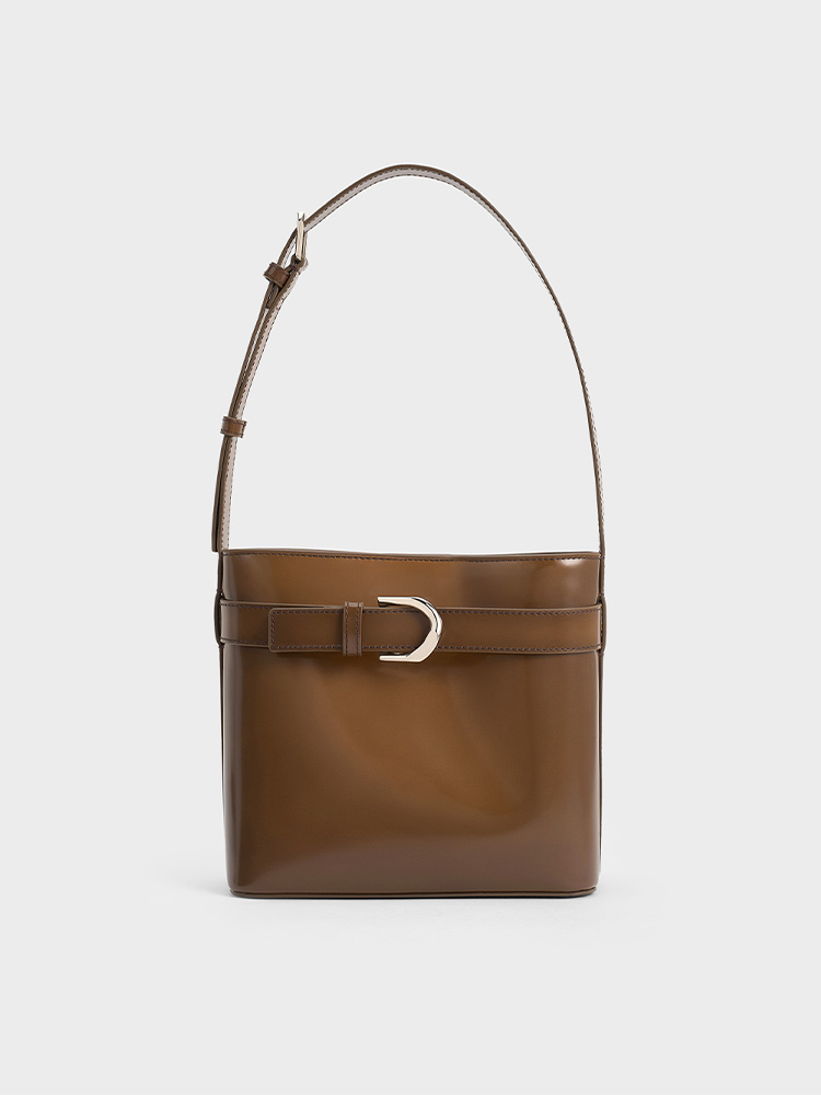 Women's Brown Gabine Leather Belted Bucket Bag - CHARLES & KEITH