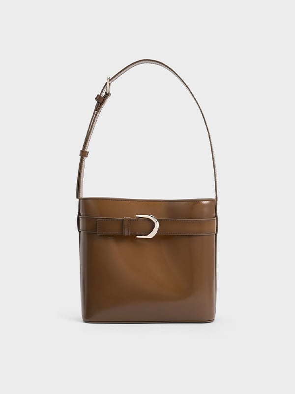 Women's Brown Gabine Leather Belted Bucket Bag - CHARLES & KEITH