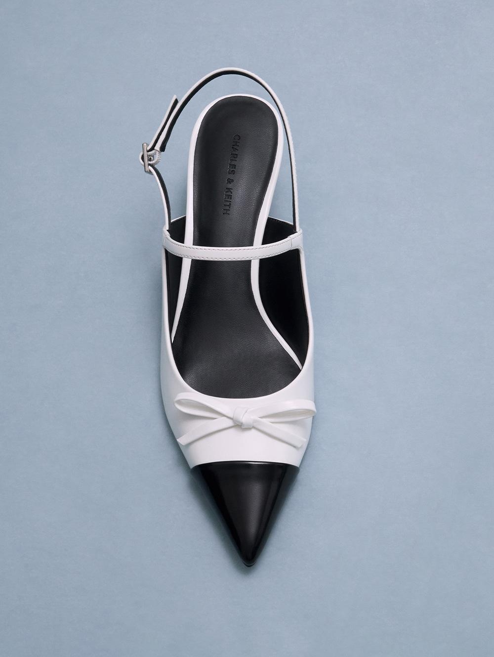 Women's White Bow Cap-Toe Kitten-Heel Slingback Pumps - CHARLES & KEITH