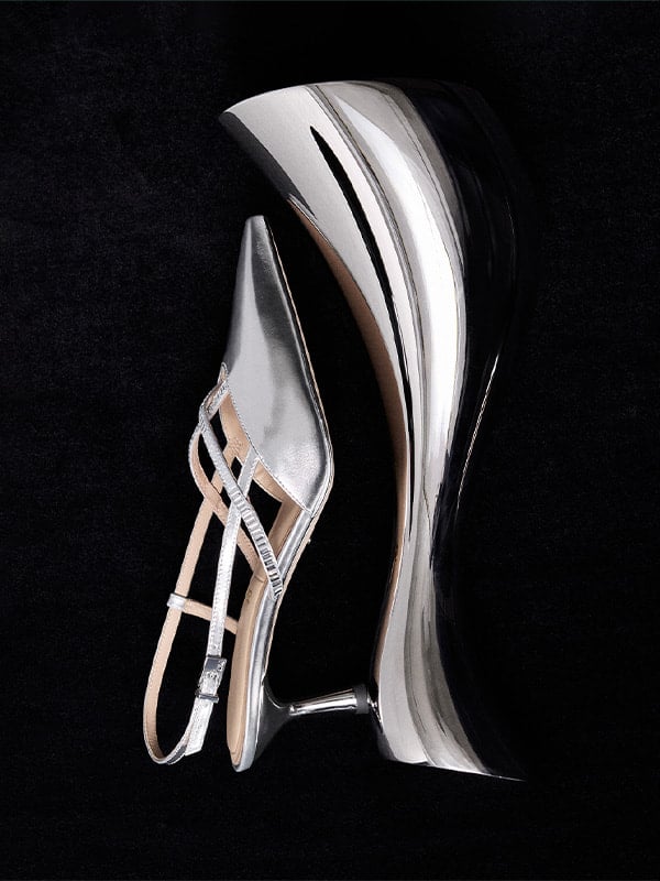 Silver Metallic Leather & Satin Crystal-Embellished Slingback Pumps - CHARLES & KEITH