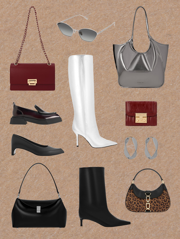 Women’s crystal-accent cat-eye sunglasses in silver, elongated tapered-toe kitten-heel calf boots in black, Lorde geometric square-toe loafers, metallic pointed-toe stiletto-heel knee-high boots in silver, Agatha leopard-print chain-accent hobo bag in multi, Lorde blade-heel pointed-toe pumps in black, Lena twist hoop earrings in silver - CHARLES & KEITH